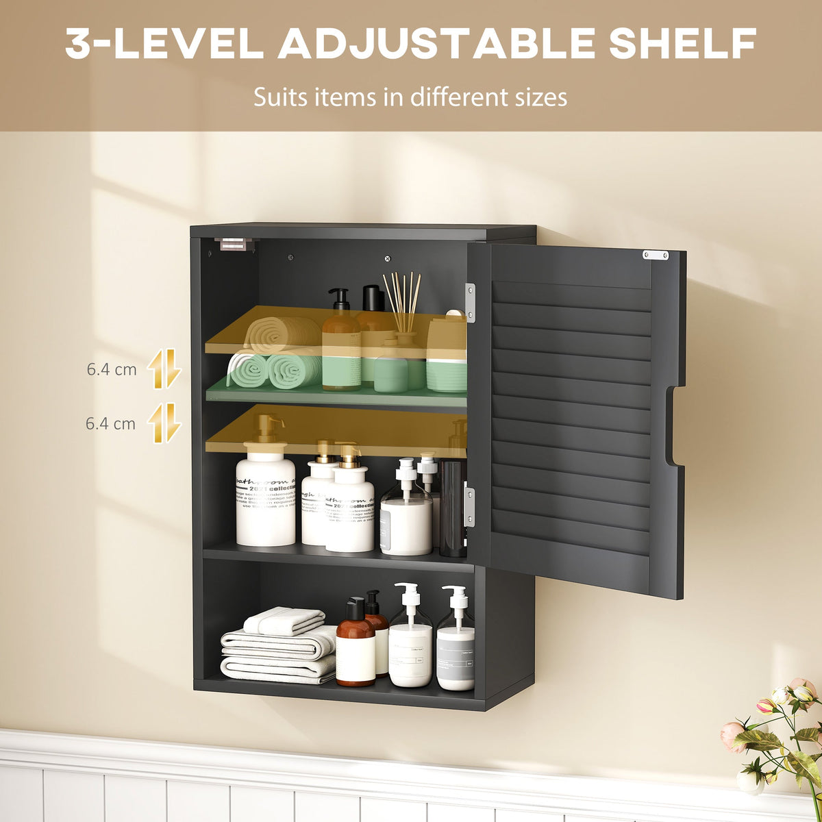 HOMCOM Bathroom Cabinet, Wall Mounted Storage Cabinet with Adjustable Shelves, 40 x 20 x 60 cm, Black
