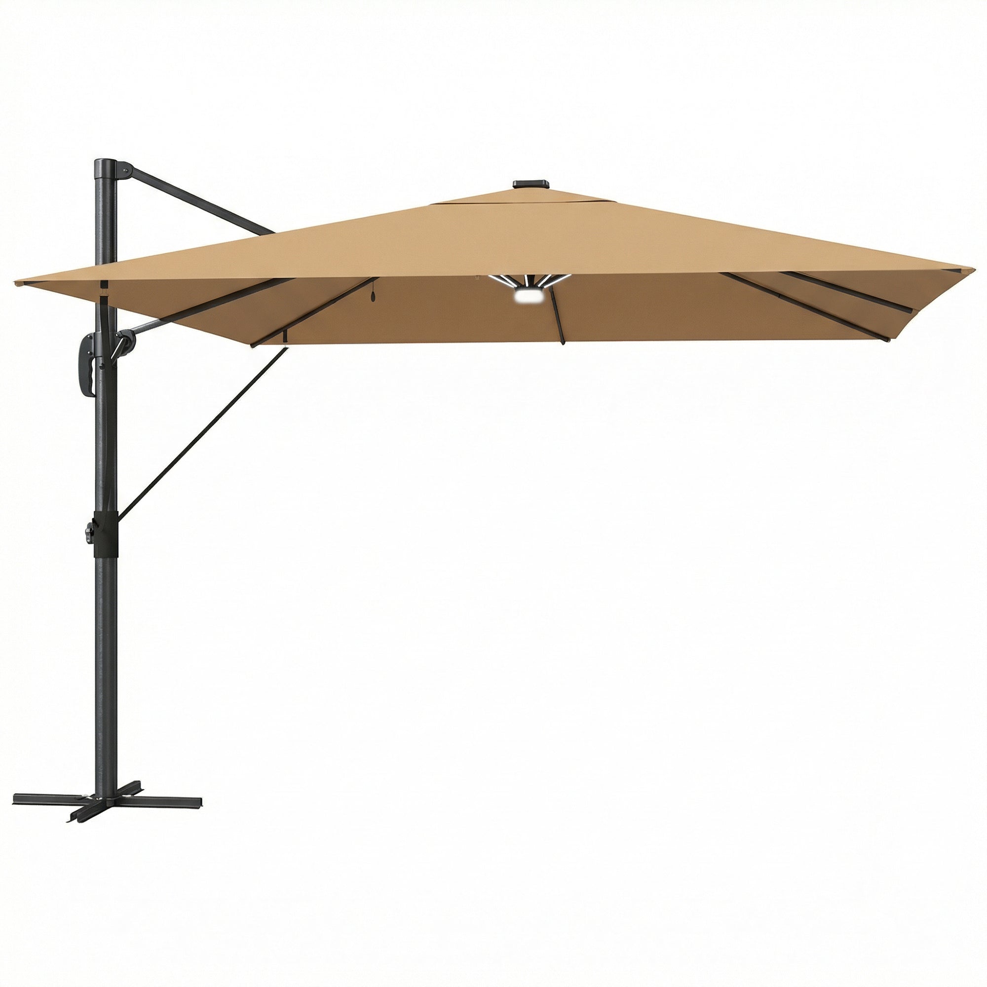Outsunny 3 x 3 m Garden Cantilever Parasol with Light, Cover, Overhanging Umbrella w/ Wind Protection, 360Â° Rotation, Khaki