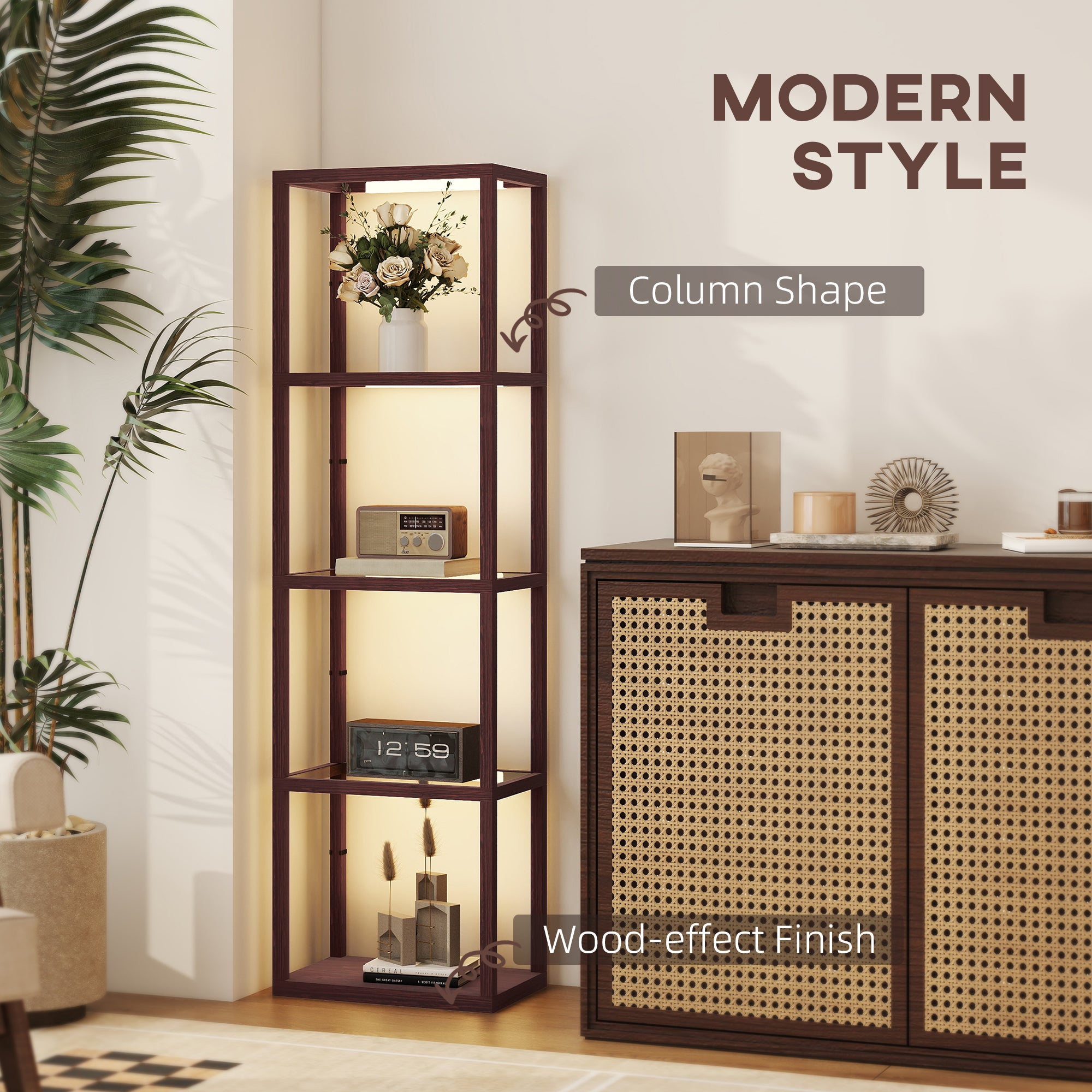 HOMCOM LED Floor Lamp with Glass Shelves, 4 Layers Dimmable Tall Standing Lamp, Modern Column Shelf Floor Light for Living Room, Bedroom, Office, Dark Brown