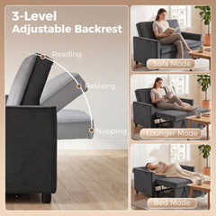 HOMCOM 2 Seater Sofa Bed, 3-in-1 Convertible Pull Out Sleeper Sofa with Clik-Clack Adjustable Backrest, Dark Grey