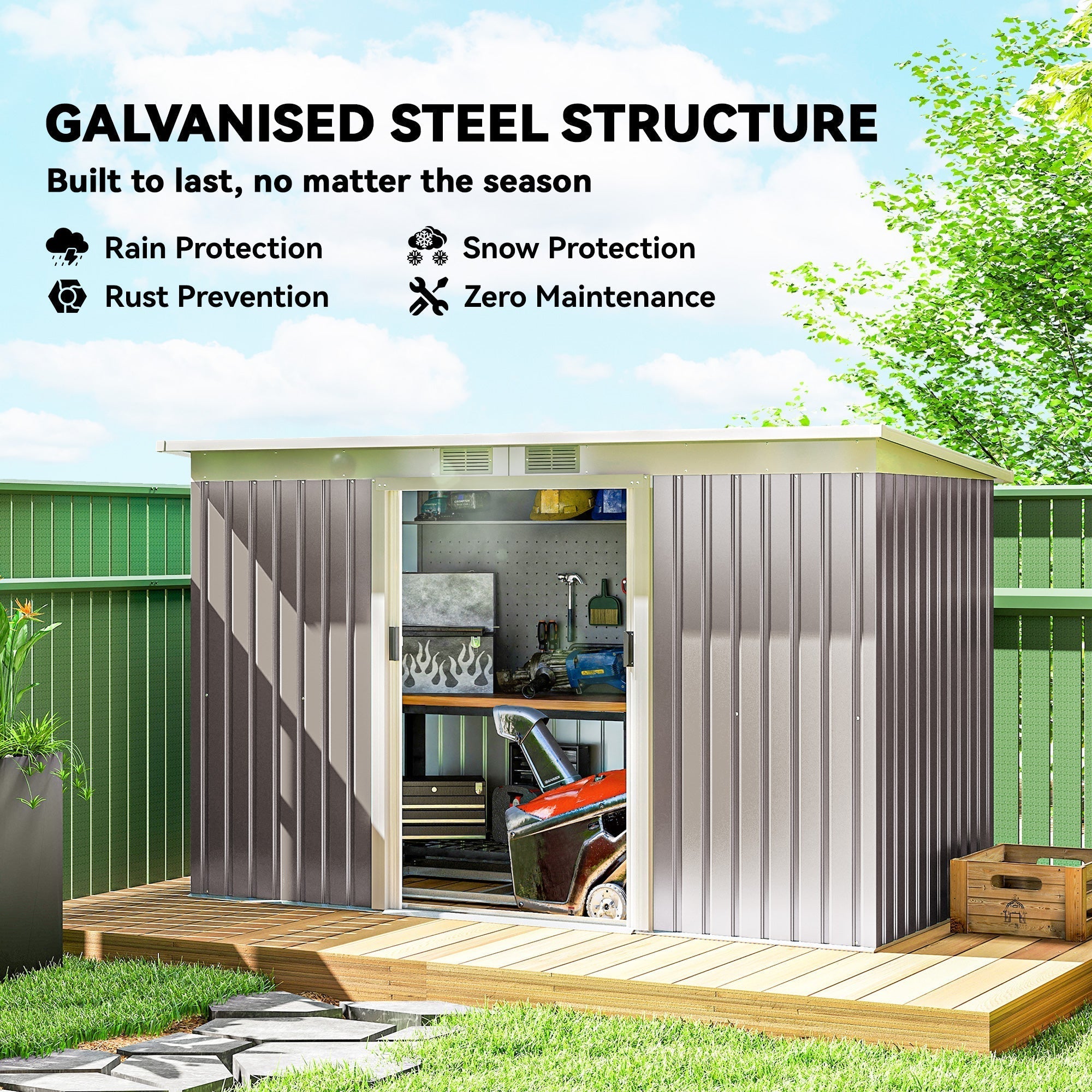 Outsunny Corrugated Garden Shed 9 x 4 Ventilated Lockable Tool Shed for Outdoor Equipment, Light Grey