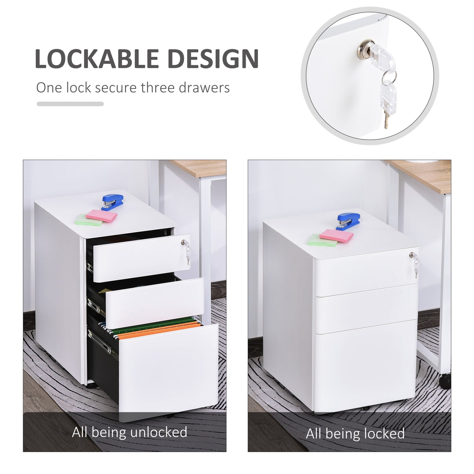 Vinsetto Lockable Cabinet, Rolling Filing Cabinet with 3 Drawers, Steel Office Drawer Unit for A4, Letter, Legal Sized Files-White