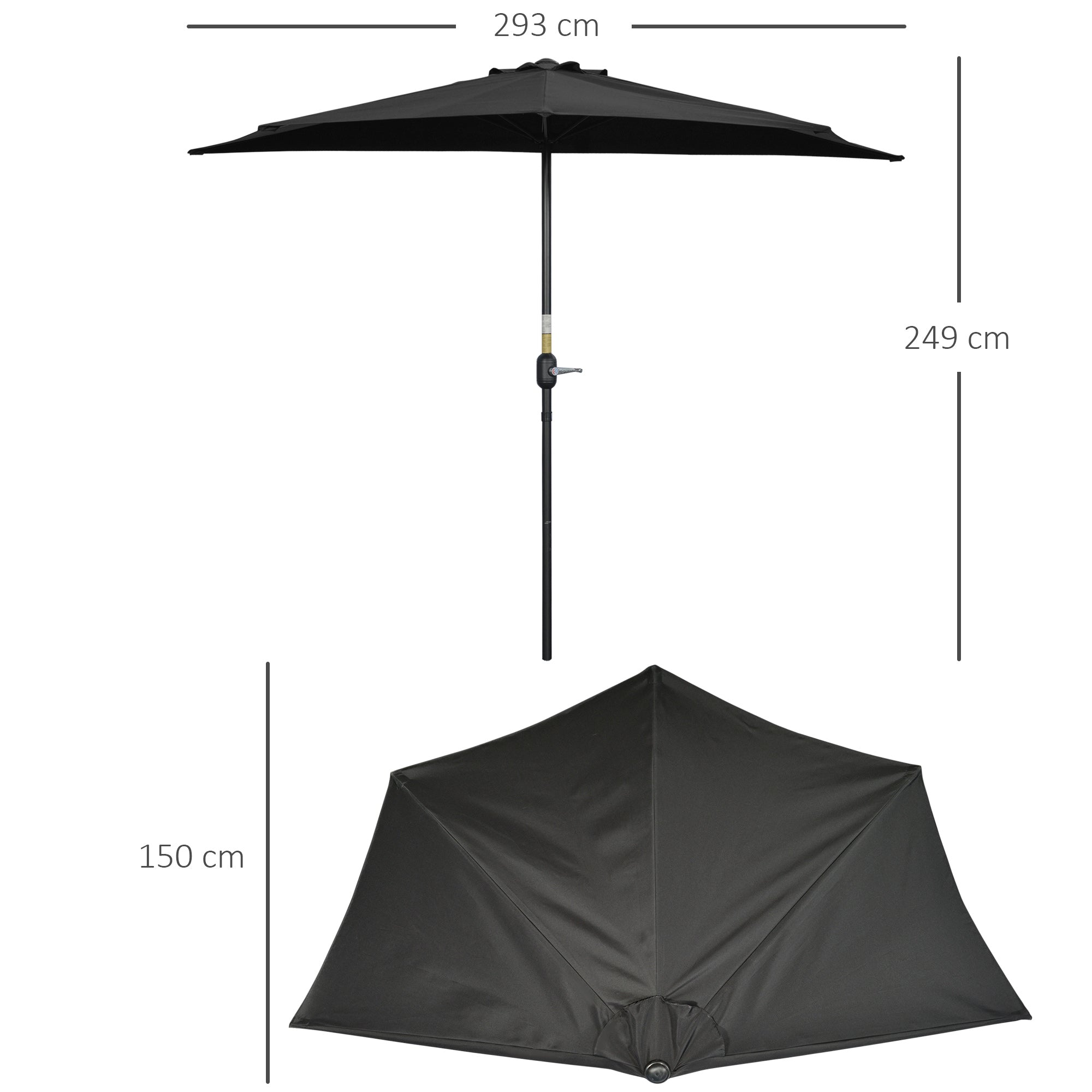 Outsunny 3(m) Half Parasol, Semi Round Umbrella with Metal Frame, Crank Handle for Balcony, Garden, Black