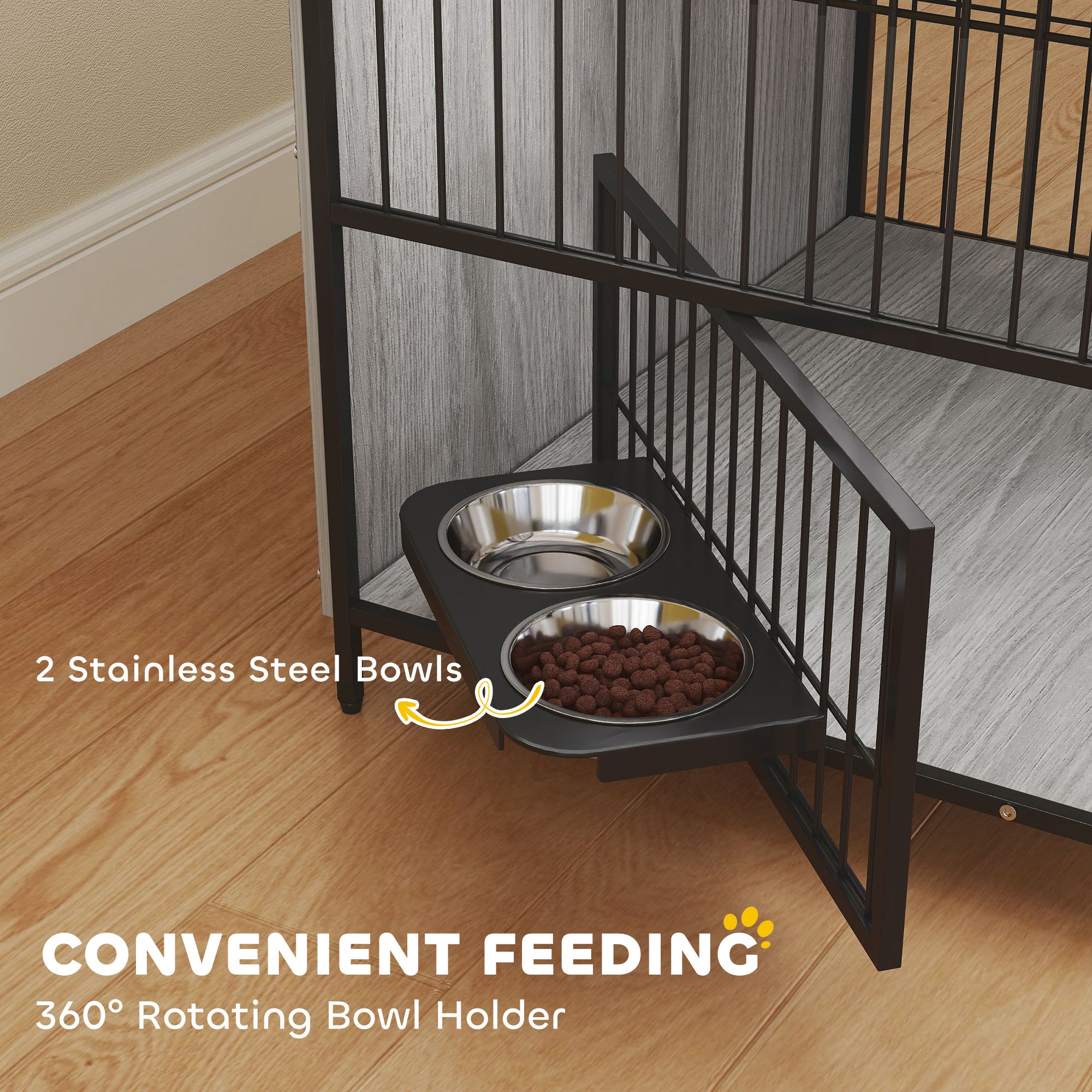 PawHut Dog Crate Furniture with Rotating Bowl Holder, 2 Bowls, 2 Doors, for Medium Dogs, 80 x 56 x 76.5 cm, Grey