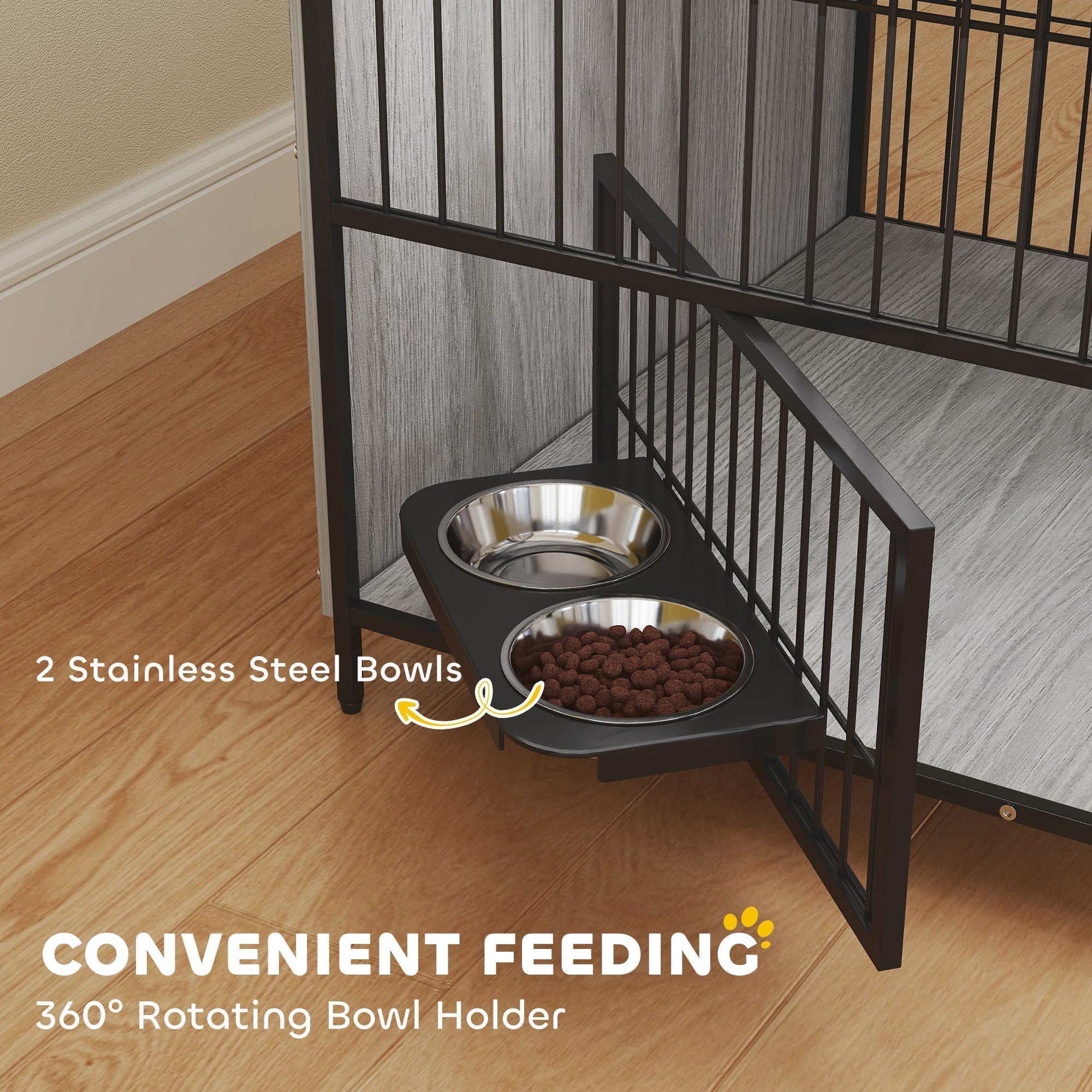 PawHut Dog Crate Furniture with Rotating Bowl Holder, 2 Bowls, 2 Doors, for Medium Dogs, 80 x 56 x 76.5 cm, Grey