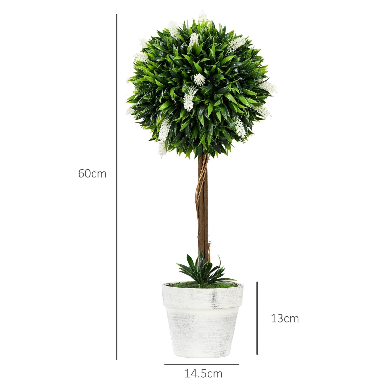 HOMCOM Set of 2 Decorative Artificial Plants Ball Trees with Flower for Home Indoor Outdoor Decor, 60cm,White