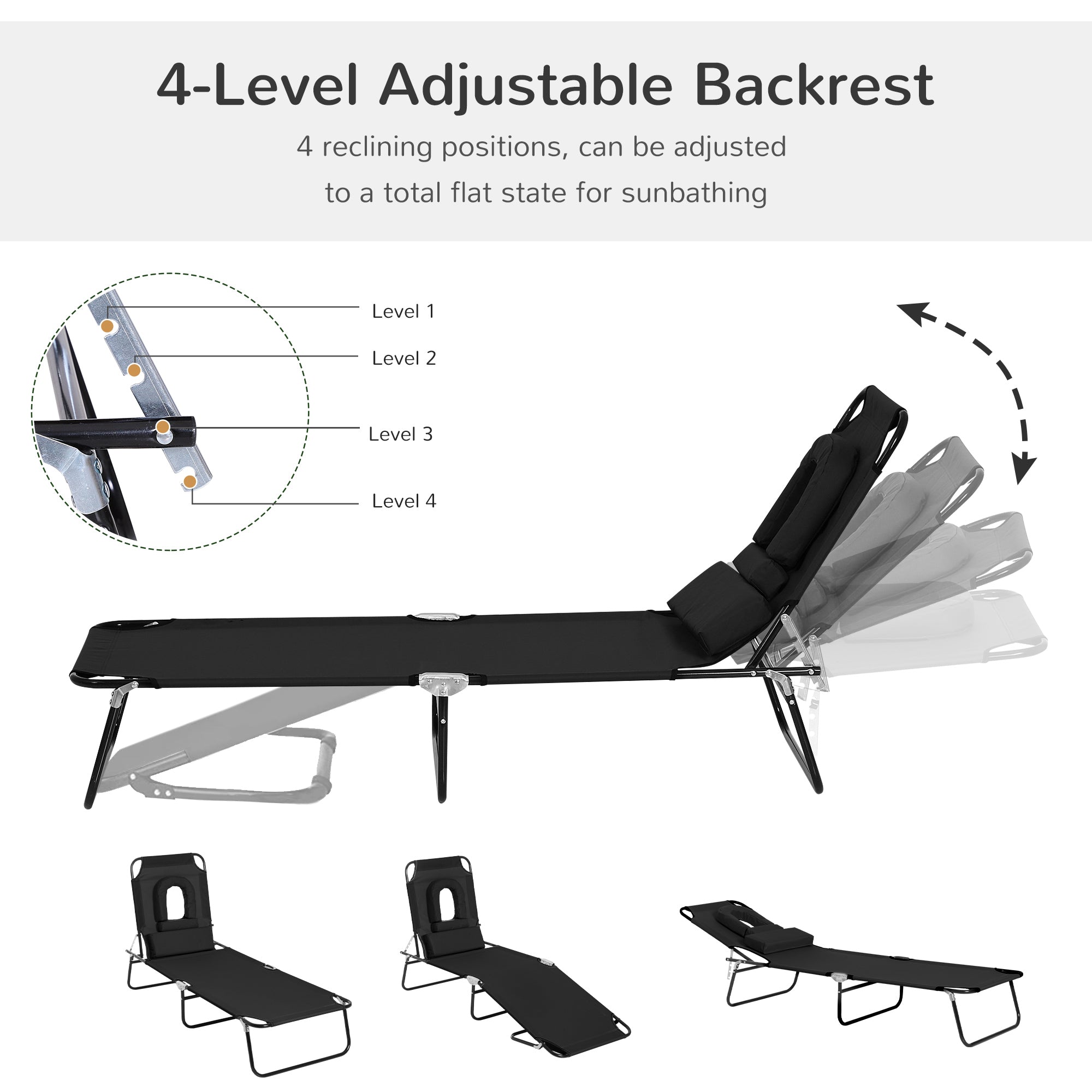 Outsunny Outdoor Folding Sun Lounger with Face Hole, 4 Level Adjustable Backrest Reclining Garden Lounger, Garden Recliner Sunbed with 600 D Oxford Cloth Seat and Pillow for Beach, Black