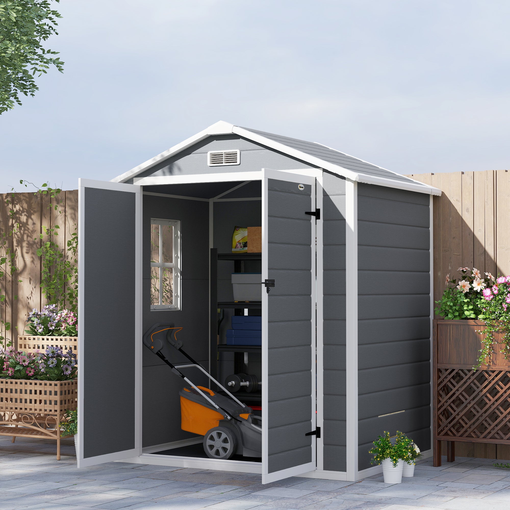 Outsunny 6'x4.5' Garden Storage Shed, Lockable Garden Shed with Double Doors, Window, Vent and Plastic Roof, Grey