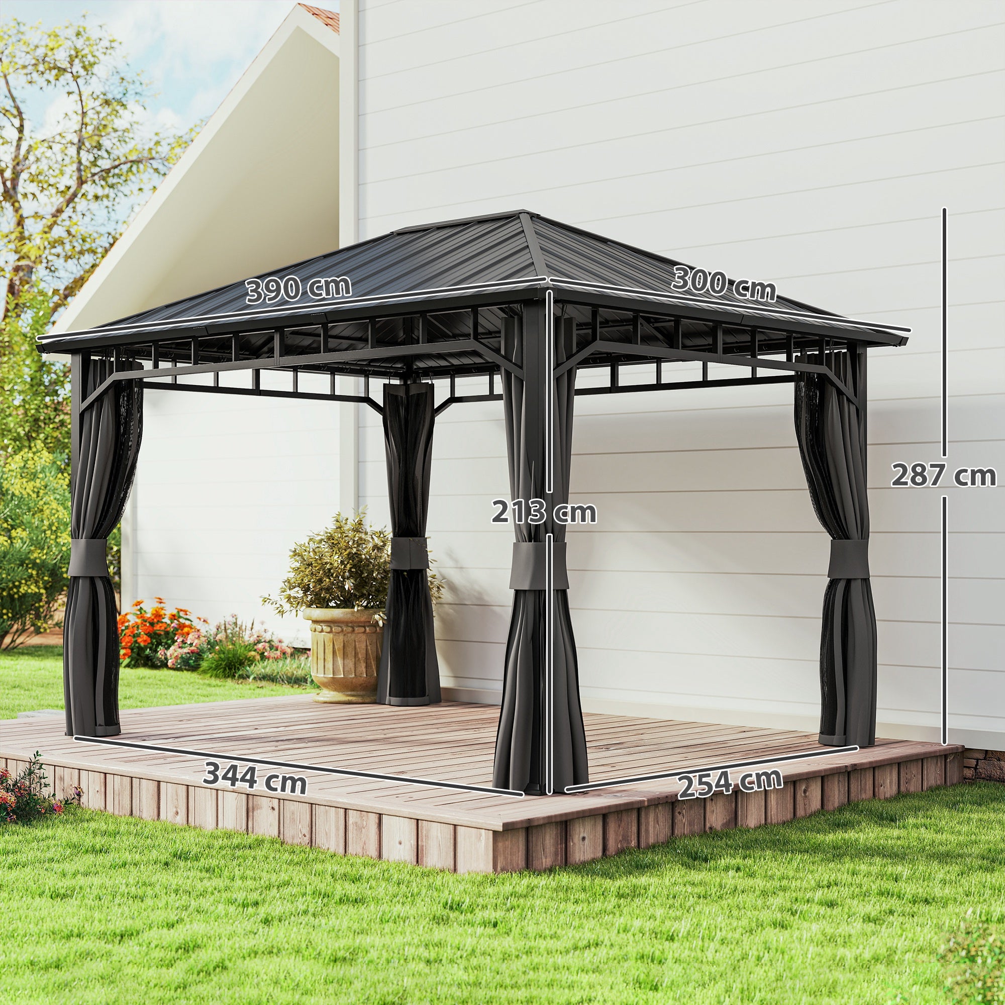 Outsunny 3 x 4m Hardtop Gazebo with Galvanised Steel Roof and Water Gutter, Waterproof Permanent Pavilion Garden Gazebo with Netting and Curtains for Patio, Deck