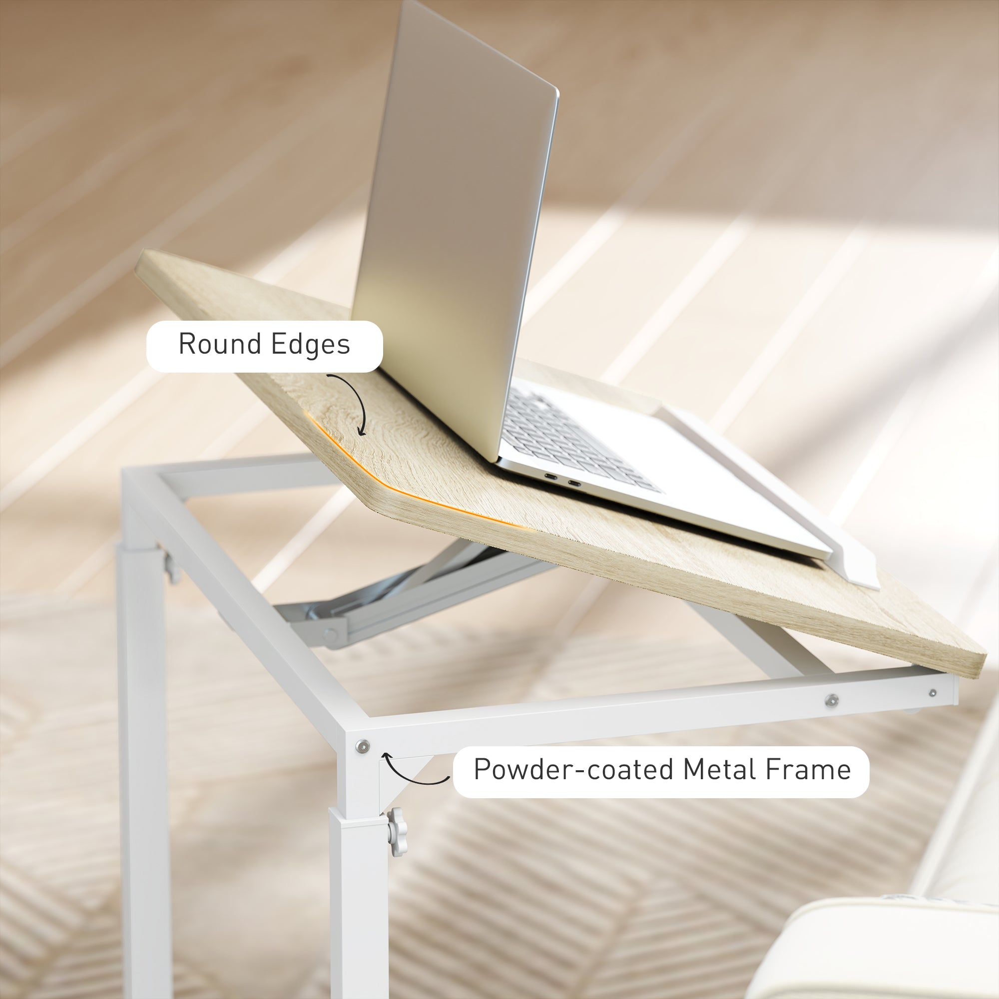 HOMCOM C-Shaped Sofa Side Table, Height Adjustable Overbed Table with Tilting Desktop, Mobile Laptop Desk for Living Room Bedroom, Oak and White