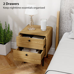 HOMCOM Bedside Table with 2 Drawers and Steel Legs - Oak