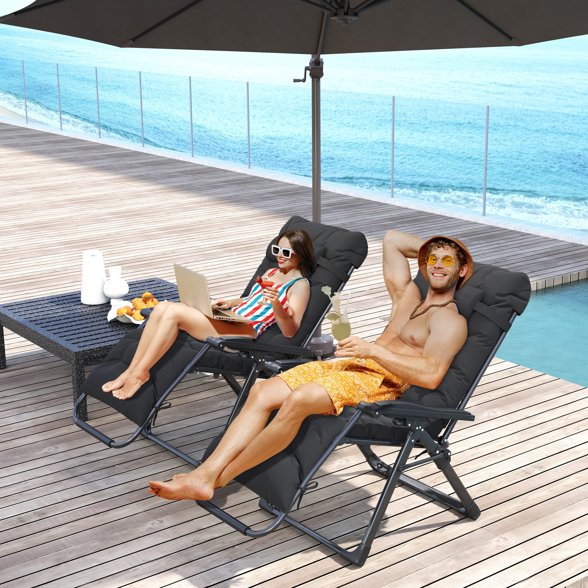 Outsunny 2 Piece Reclining Zero Gravity Sun Loungers with Cushions, Black