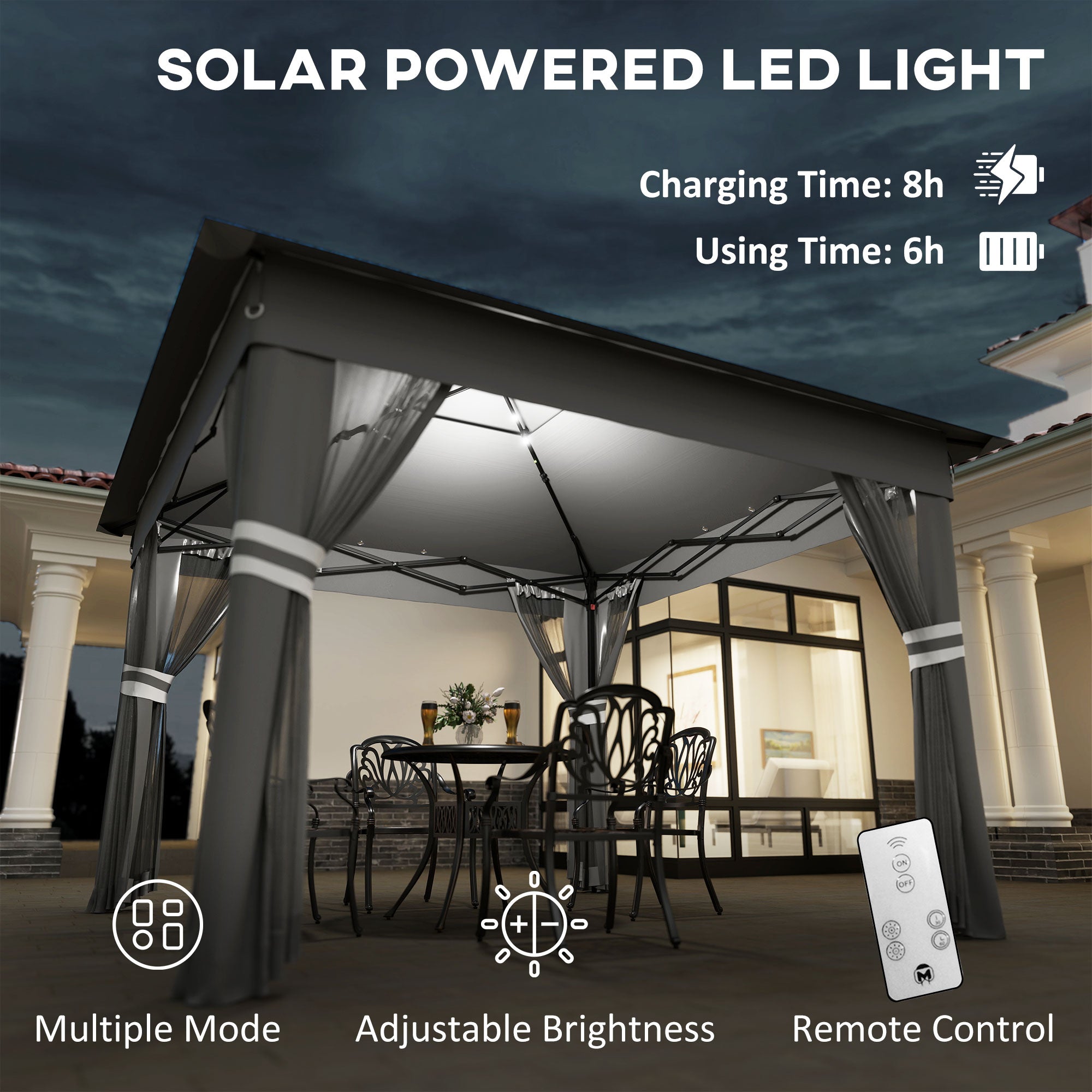 Outsunny 3 x 3(m) Pop Up Gazebo Party Tent with Solar-Powered LED Lights, Adjustable Event Shelter with Netting, Grey