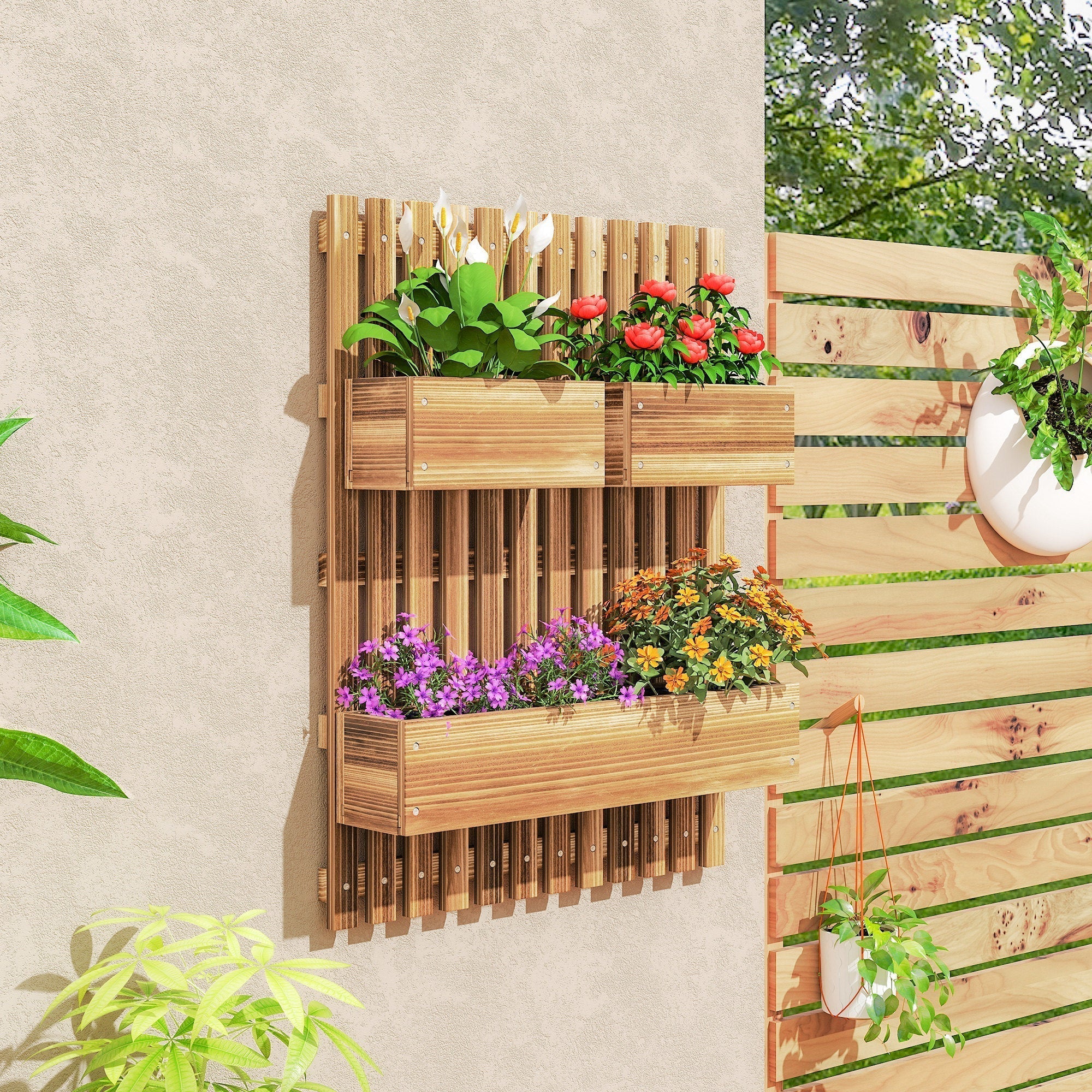 Outsunny Wall-mounted Wooden Garden Planters with Trellis, Drainage Holes and 3 Planter Boxes for Patio, Carbonised