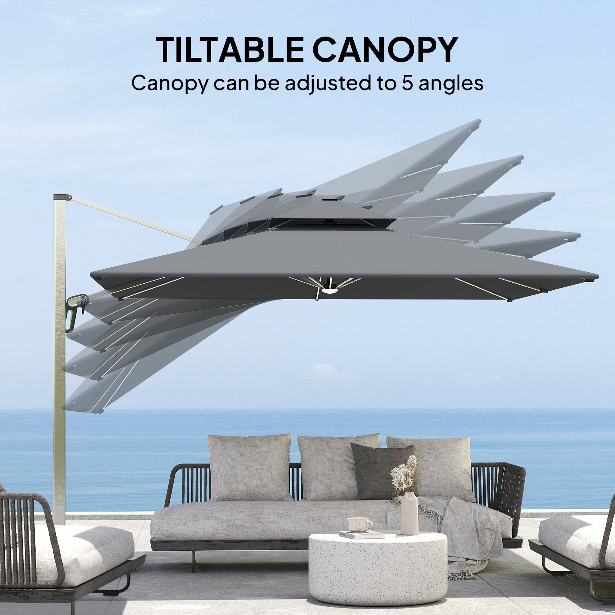 Outsunny 3(m) Garden Cantilever Parasol with Solar LED Lights, Cross Base, 360√Ç¬∞ Rotation, Crank Handle and Tilt, Grey