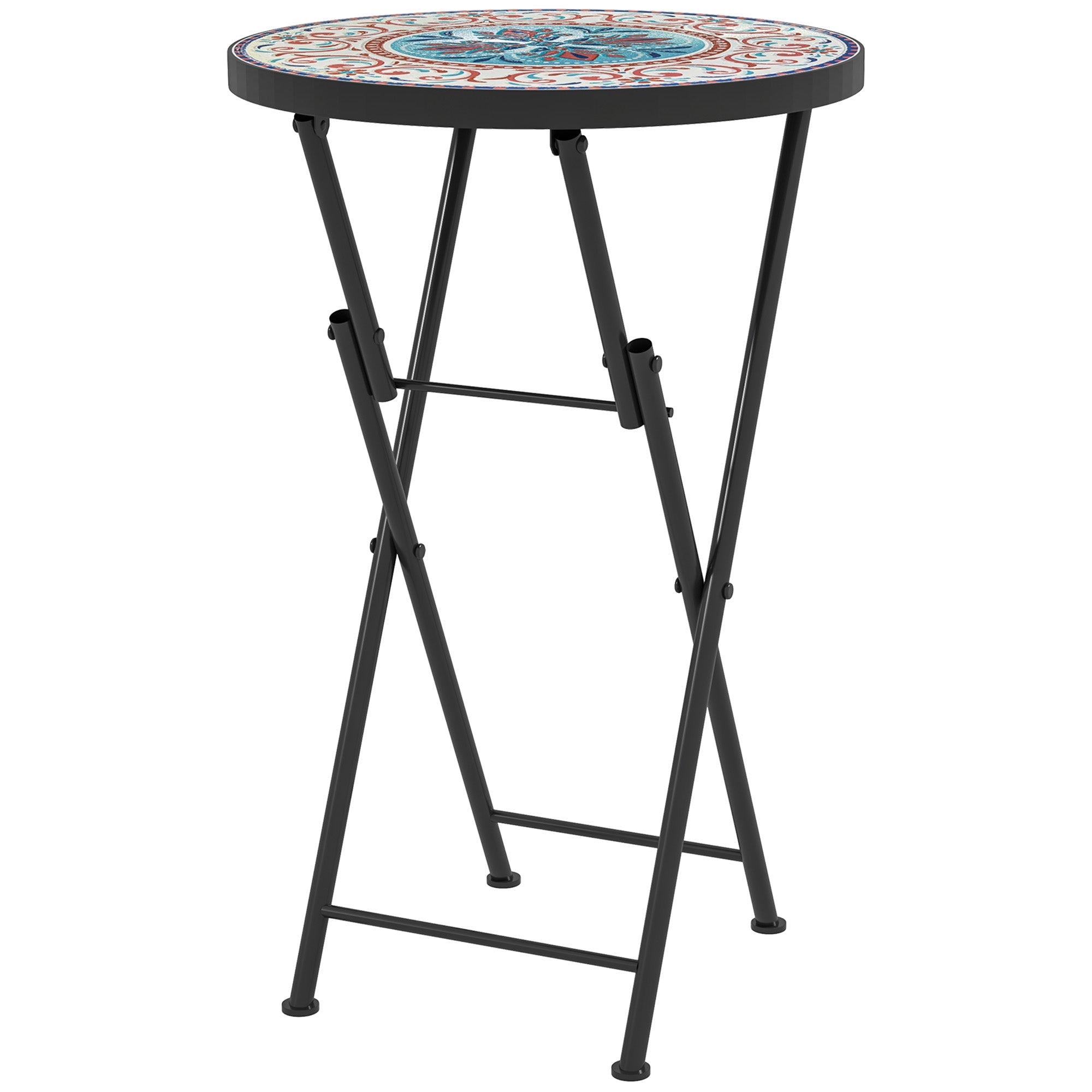 Outsunny Mosaic Outdoor Garden Table, 35.5cm Round Folding Coffee Table with Metal Frame for Balcony Terrace, Multicolour
