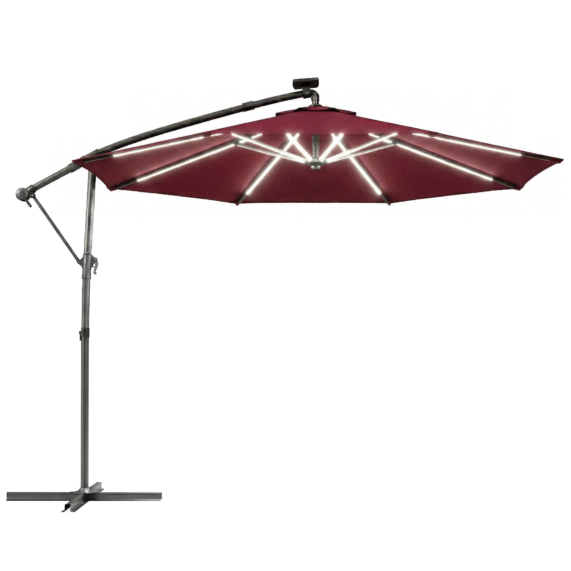 Outsunny 3 m Garden Cantilever Parasol with LED Solar Light, Round Overhanging Umbrella with 360Â° Rotation, Cover, Wine Red