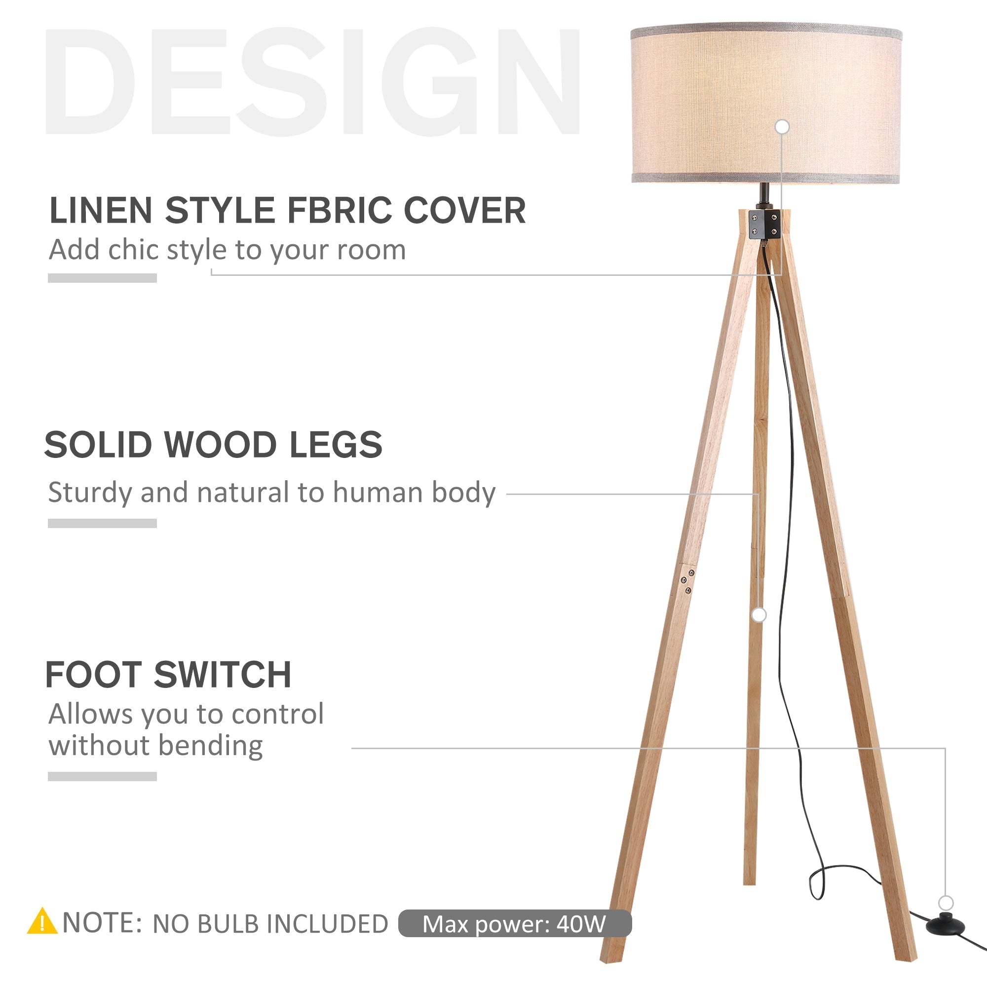 HOMCOM Floor Lamp with Elegant Wood Tripod, Free Standing E27 Bulb Lamp Versatile Use For Home Office - Beige