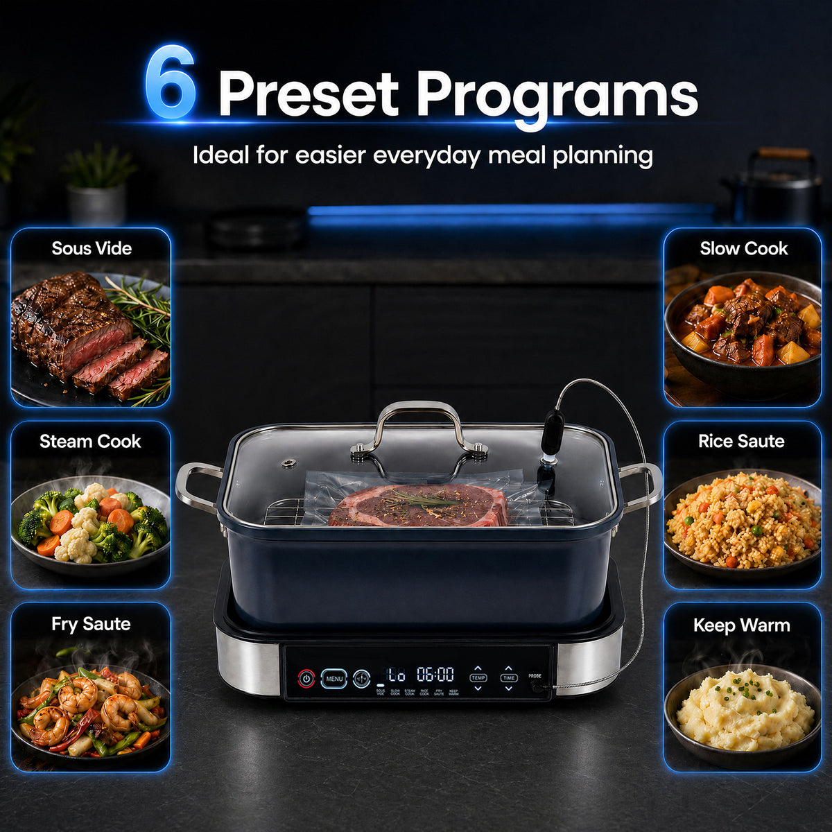6.5L 6-in-1 Multi Cooker with Sous Vide & Steam Functions and Adjustable Timer Temp