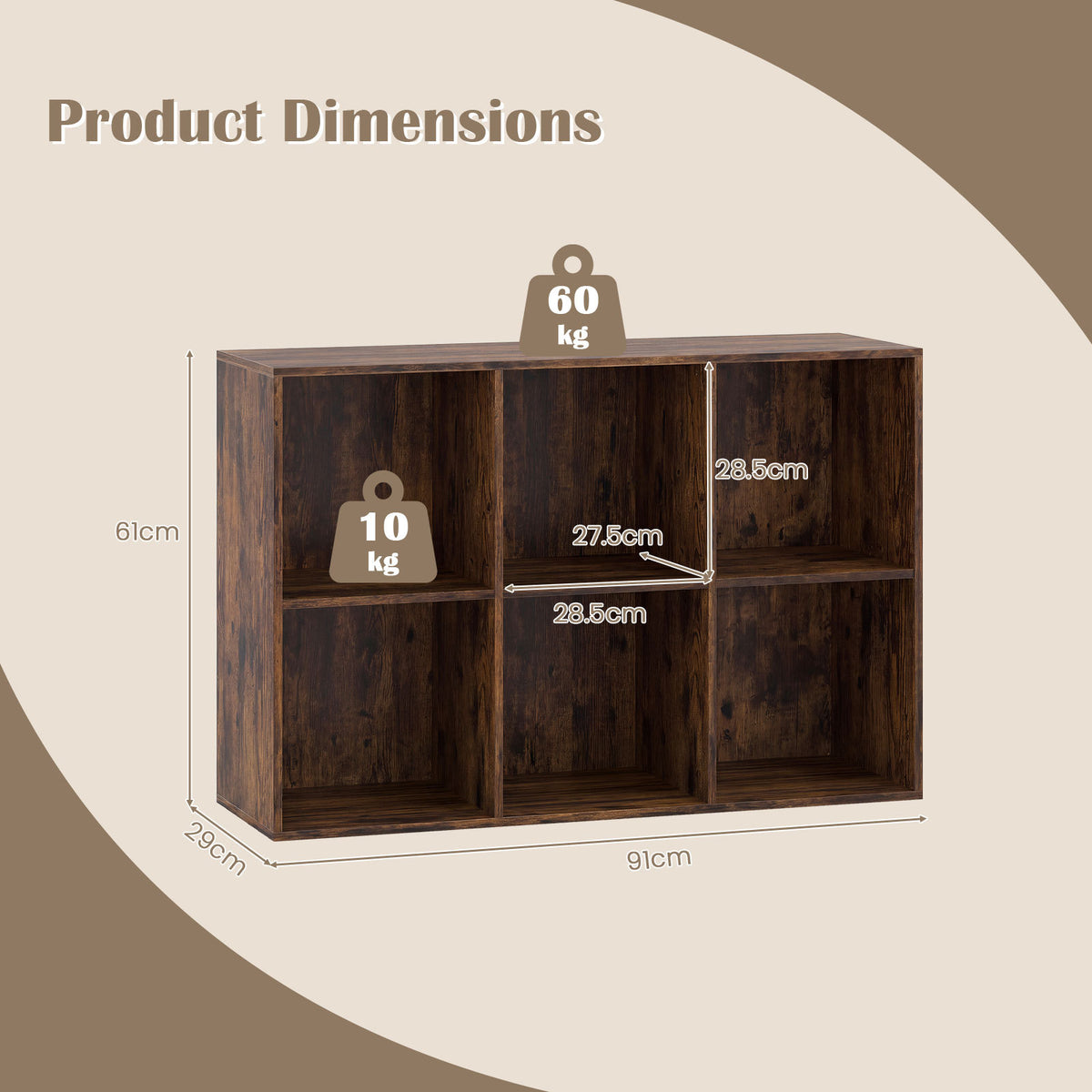 6-Cube Bookcase 3-Tier Storage Organizer with Anti-Tipping Kits for Living Room Study-Coffee