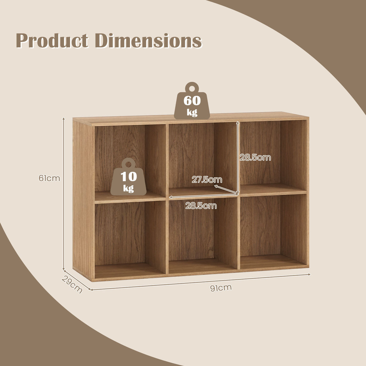 6-Cube Bookcase 3-Tier Storage Organizer with Anti-Tipping Kits for Living Room Study-Natural