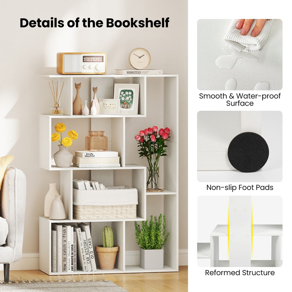 Close-up details of the white geometric bookcase, showing water resistance and non-slip feet