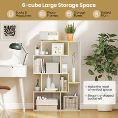 The white geometric bookcase is shown with text highlighting its storage space and elegant design