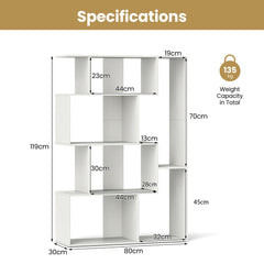 A diagram showing the dimensions of the white geometric bookcase and its weight capacity