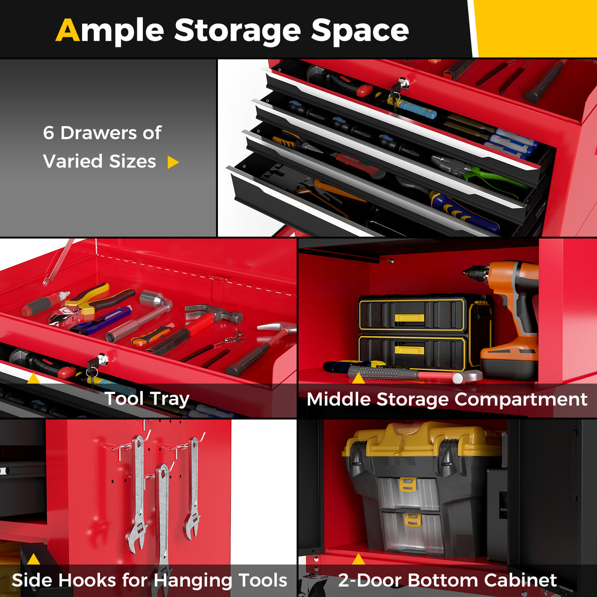 6-Drawer Rolling Tool Chest with Universal Wheels and Hooks-Red & Black-M