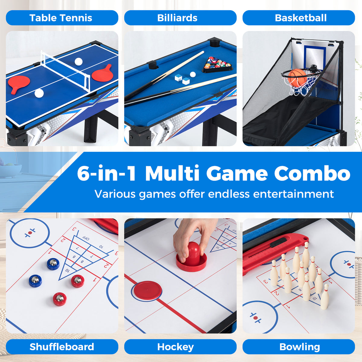 6-In-1 Multi Game Table with Air Hockey Table Tennis Basketball Billiards Shuffleboard Bowling-Blue