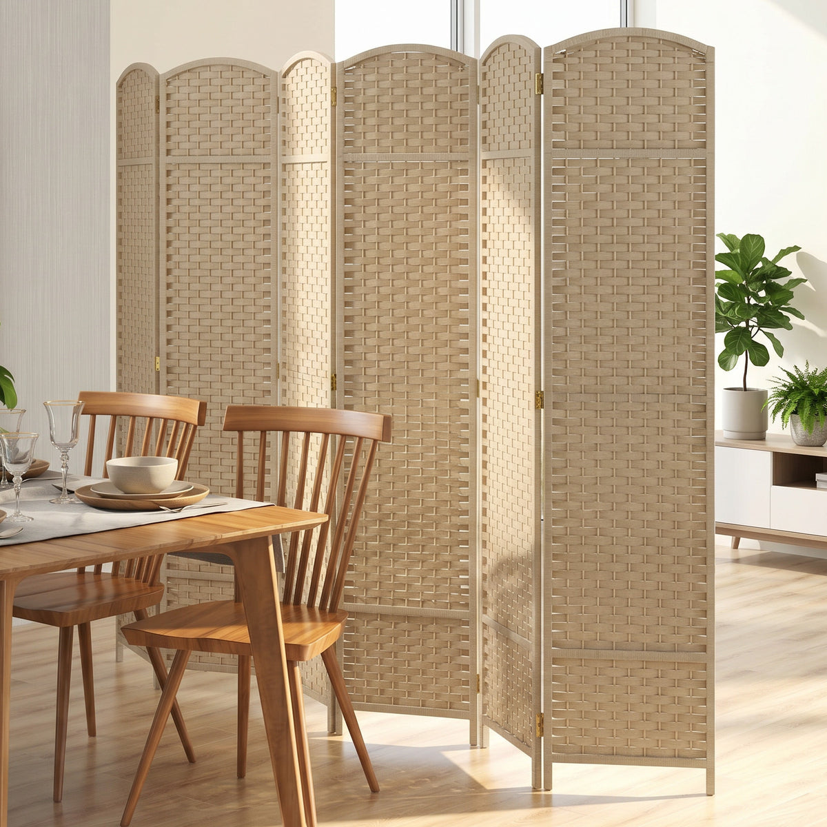 6-Panel Room Divider Folding Privacy Screen with Hand-woven Texture-Beige