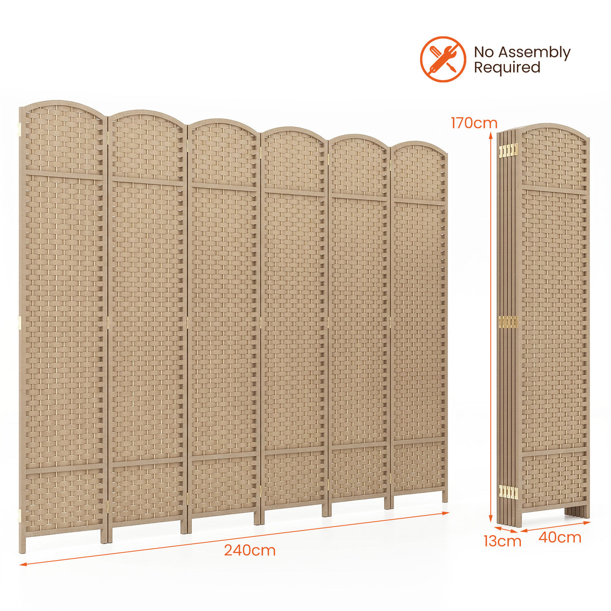 6-Panel Room Divider Folding Privacy Screen with Hand-woven Texture-Beige