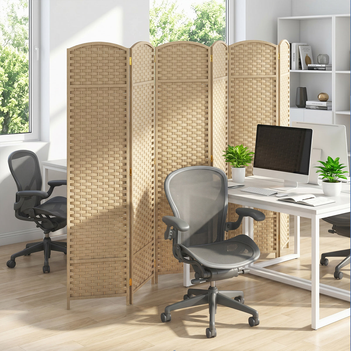 6-Panel Room Divider Folding Privacy Screen with Hand-woven Texture-Beige