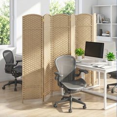 6-Panel Room Divider Folding Privacy Screen with Hand-woven Texture-Beige