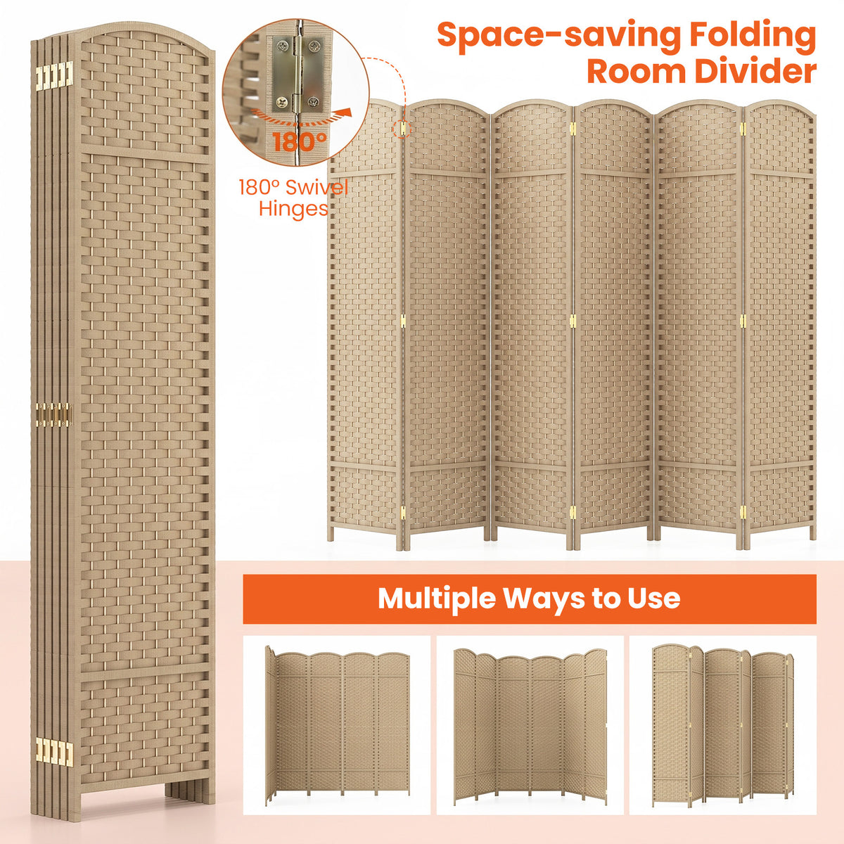 6-Panel Room Divider Folding Privacy Screen with Hand-woven Texture-Beige