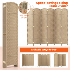 6-Panel Room Divider Folding Privacy Screen with Hand-woven Texture-Beige