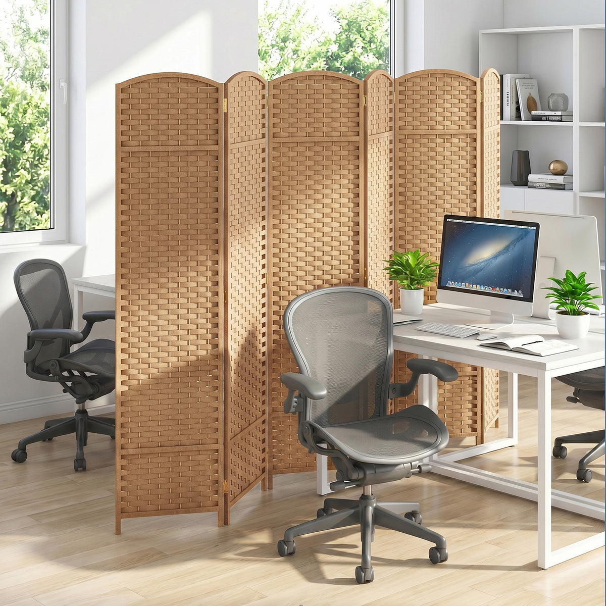 6-Panel Room Divider Folding Privacy Screen with Hand-woven Texture-Natural