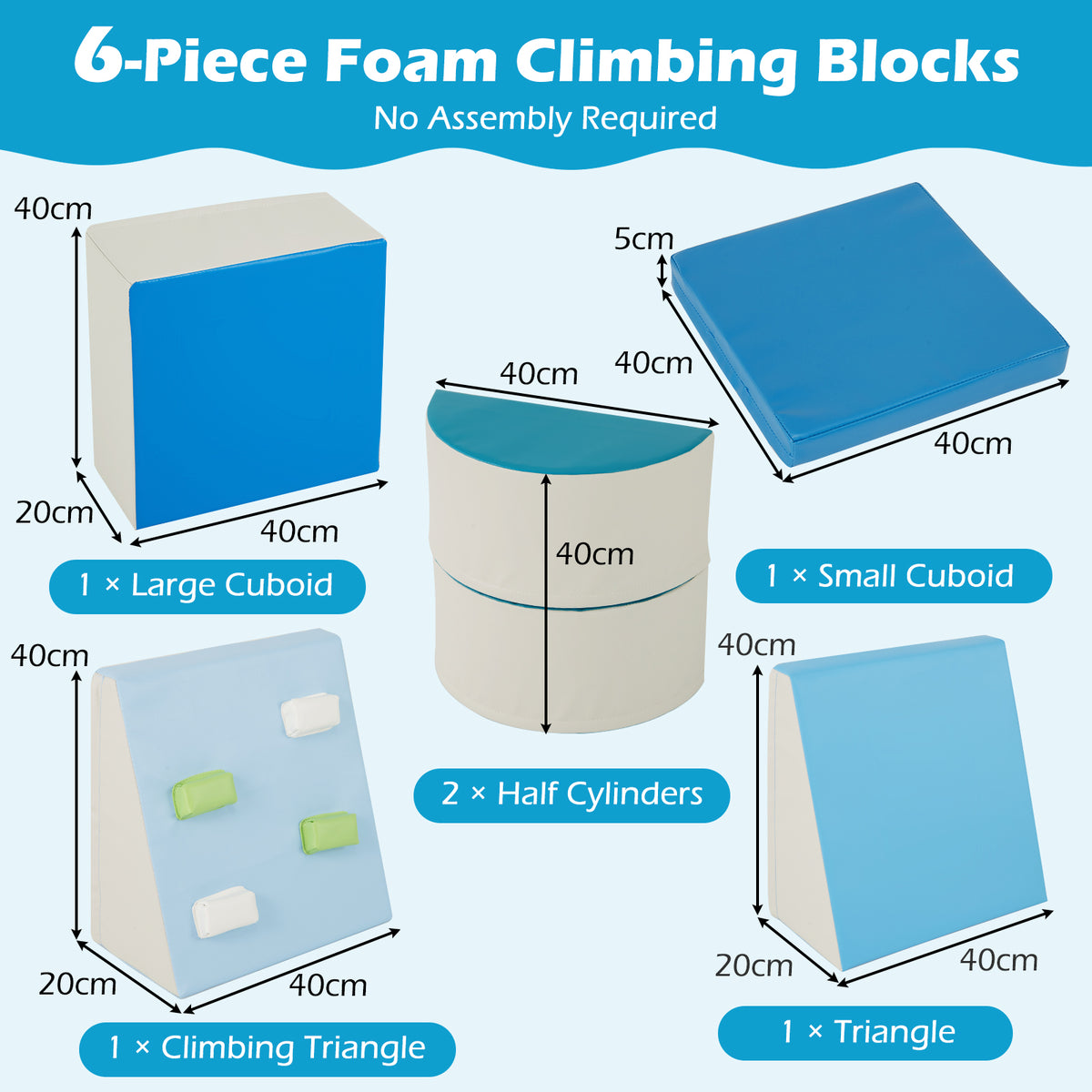 6 Piece Foam Climbing Toys for Toddlers with PU Leather Cover-Blue
