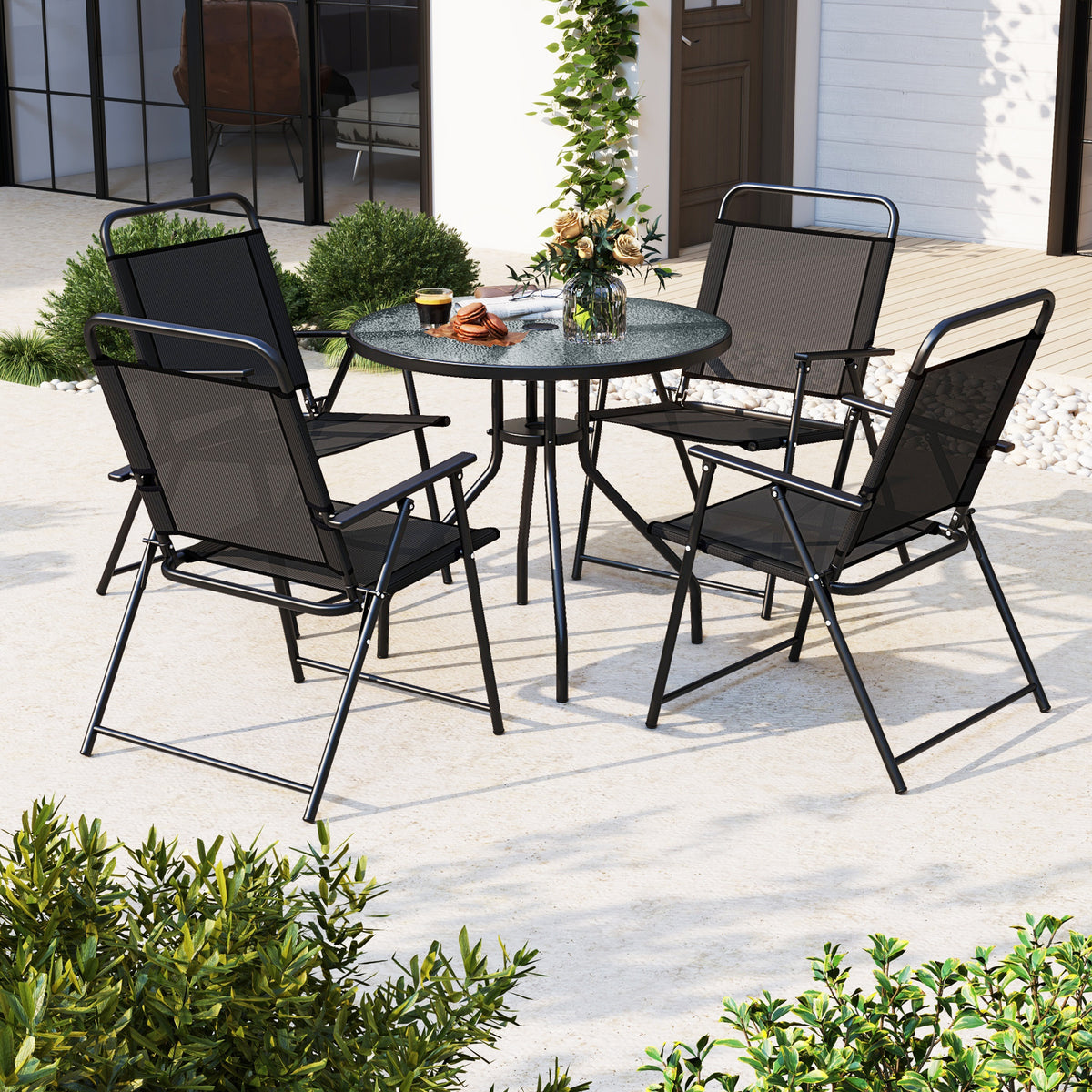 6 Piece Outdoor Dining Set with Detachable Umbrella for Poolside-Black
