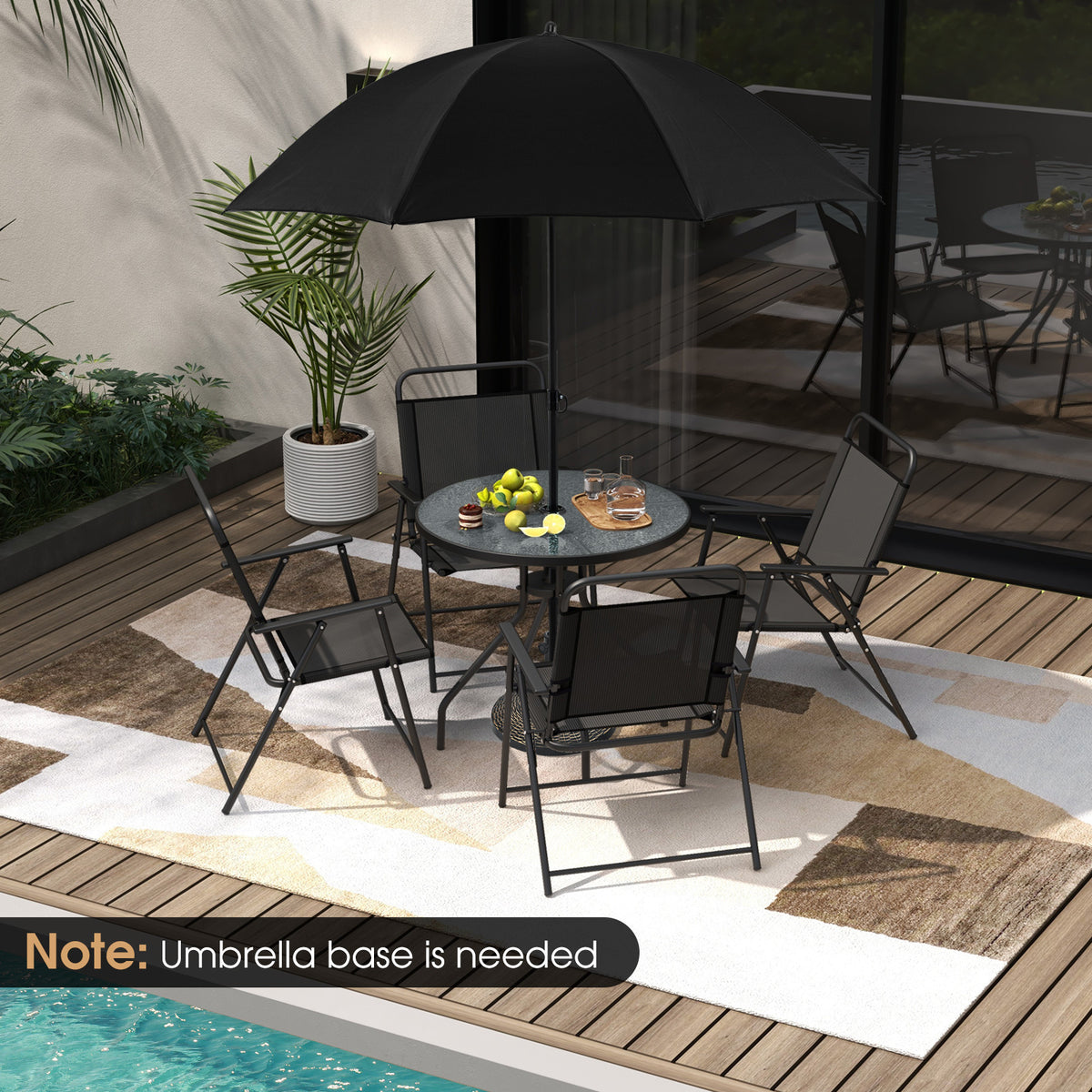 6 Piece Outdoor Dining Set with Detachable Umbrella for Poolside-Black