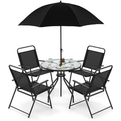 6 Piece Outdoor Dining Set with Detachable Umbrella for Poolside-Black