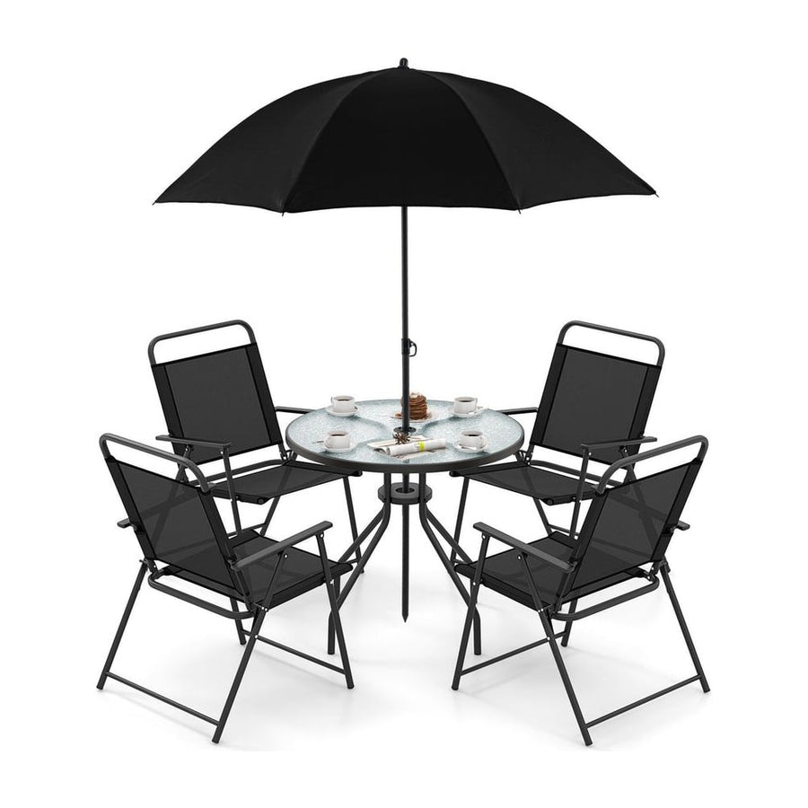 6 Piece Outdoor Dining Set with Detachable Umbrella for Poolside-Black