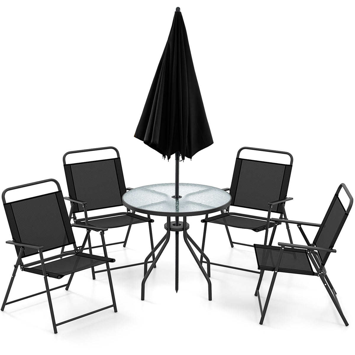 6 Piece Outdoor Dining Set with Detachable Umbrella for Poolside-Black