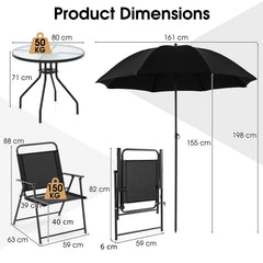 6 Piece Outdoor Dining Set with Detachable Umbrella for Poolside-Black