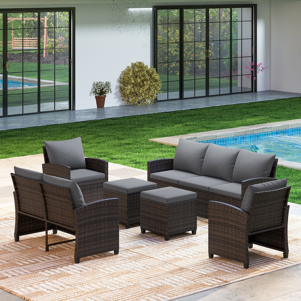6 Pieces 9 Seats Patio Furniture Set with 3-Seat Sofa Loveseat Chair and 2 Ottomans-Grey