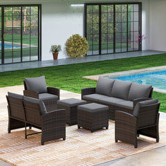 6 Pieces 9 Seats Patio Furniture Set with 3-Seat Sofa Loveseat Chair and 2 Ottomans-Grey