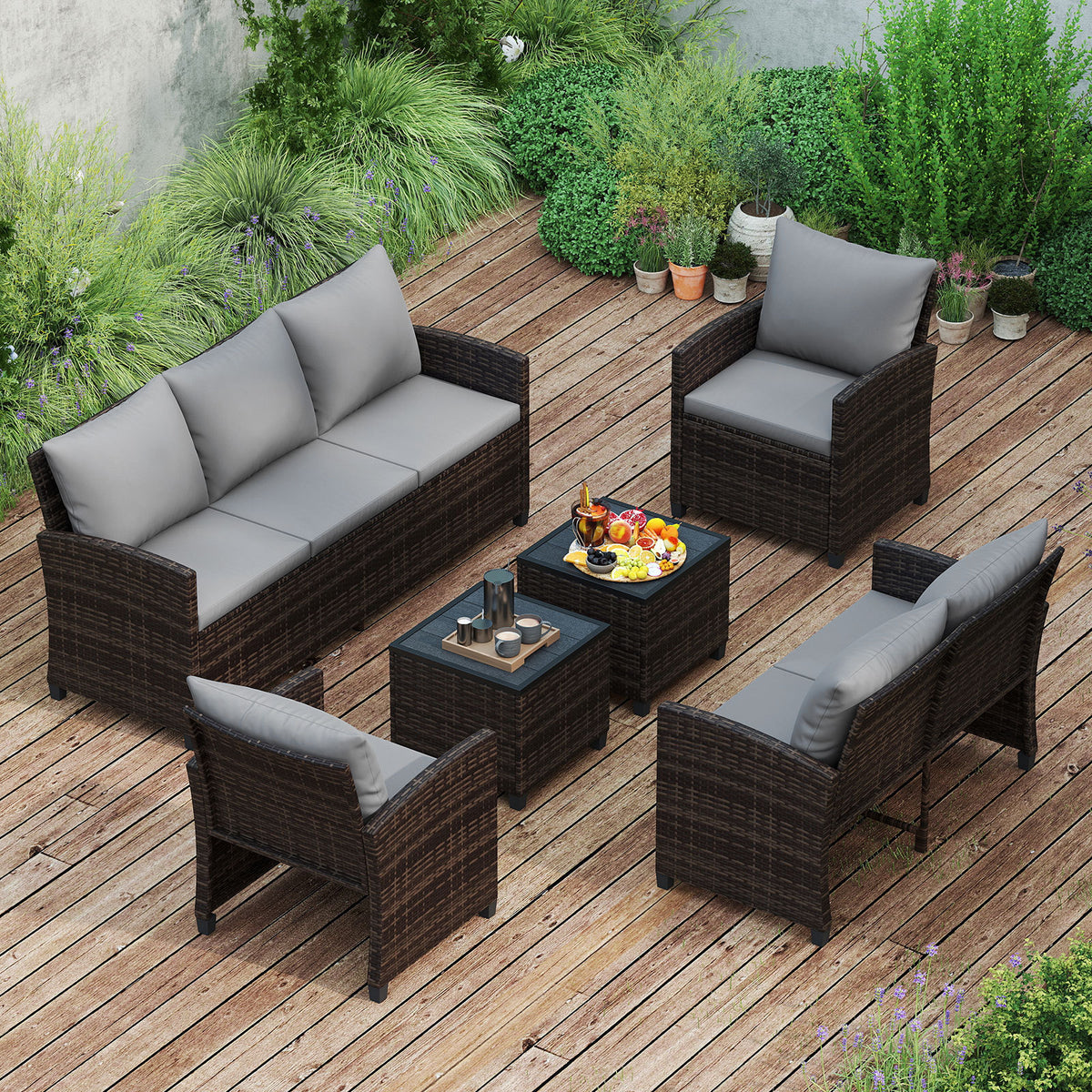 6 Pieces 9 Seats Patio Furniture Set with 3-Seat Sofa Loveseat Chair and 2 Ottomans-Grey