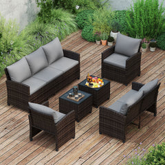 6 Pieces 9 Seats Patio Furniture Set with 3-Seat Sofa Loveseat Chair and 2 Ottomans-Grey