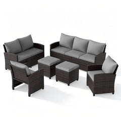 6 Pieces 9 Seats Patio Furniture Set with 3-Seat Sofa Loveseat Chair and 2 Ottomans-Grey
