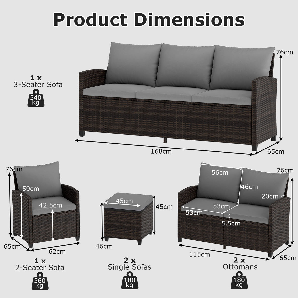 6 Pieces 9 Seats Patio Furniture Set with 3-Seat Sofa Loveseat Chair and 2 Ottomans-Grey